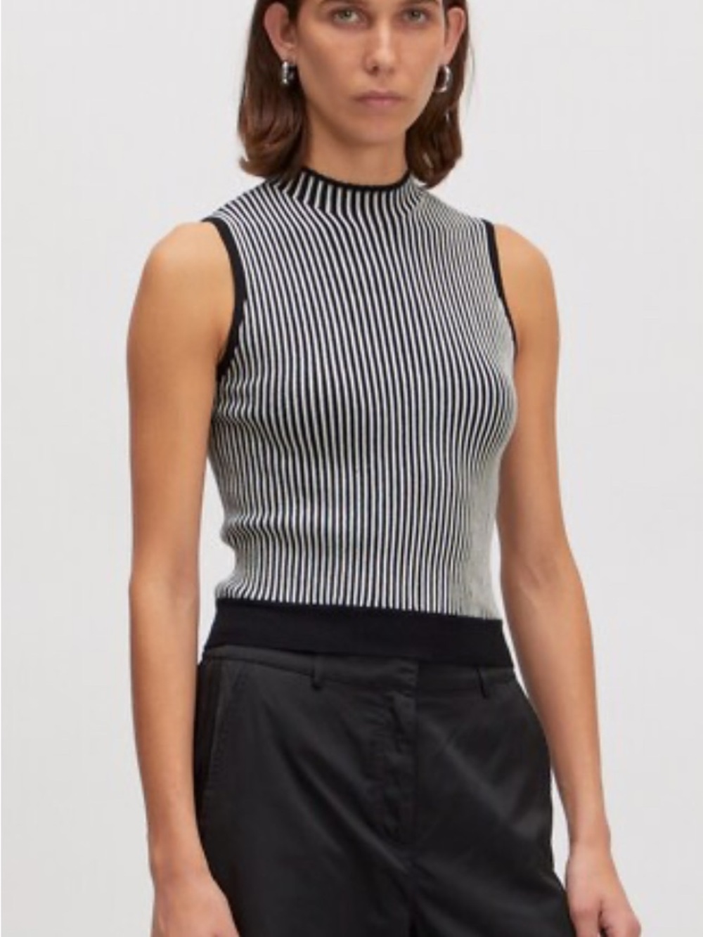 Marled Black & White Sleeveless Ribbed Mock-Neck Tank